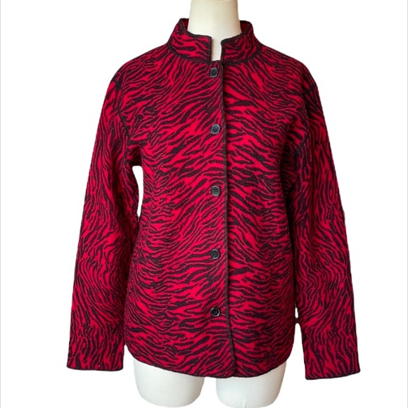JM Collection Jacket Size Medium Zebra Red Print Wool Button Closure - Picture 1 of 7